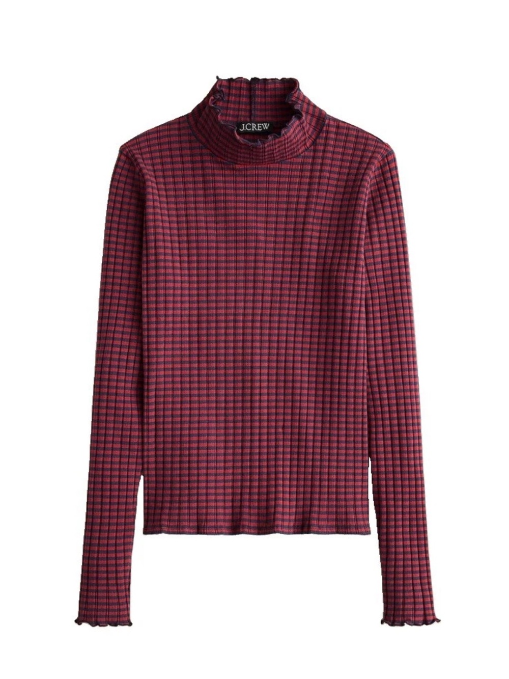 J Crew Pointelle Turtleneck Red Navy Stripe Scalloped Lettuce Trim Women’s XXS